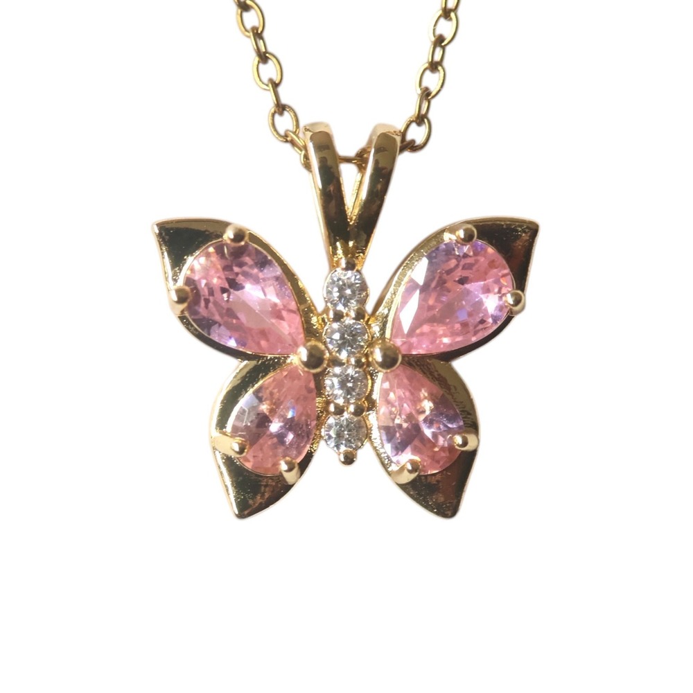 Pink Swarovski Crystal Butterfly Pendant Necklace Gold Tone 18" Chain New